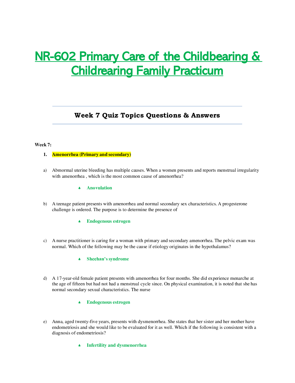 Preview image for NR602 / NR-602 Week 7 Quiz Q & A (Latest): Primary Care of the Childbearing & Childrearing Family Practicum - Chamberlain